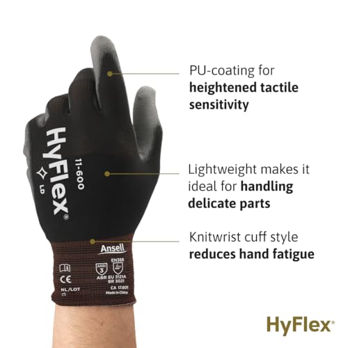 HyFlex 11-600 Multi-Purpose Light Duty Industrial Gloves w/Palm Coating for Metal Fabrication, Machinery, Automotive - Size 7, Black (12 Pairs)