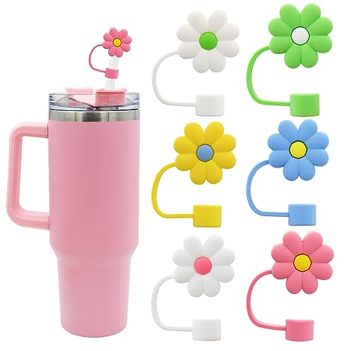 Silicone Straw Cover Caps for Tumblers - 10mm Flower Design, 6 Pack