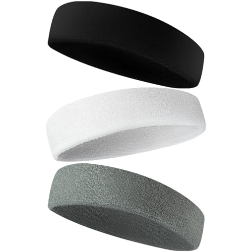 Moisture-Wicking Sweatbands - 3 Pack Terry Cloth Headbands