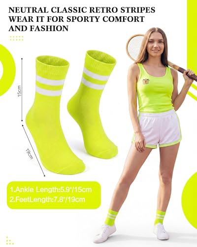 Unisex Athletic Crew Stripe Socks - Fluorescent Yellow & White (2 Pairs)