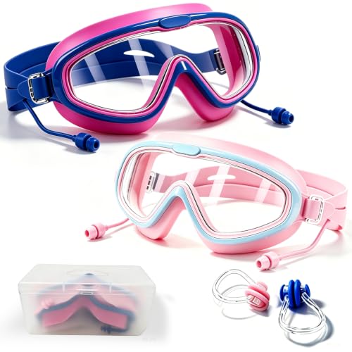 Kids Anti-Fog Swim Goggles 2-Pack for Girls & Boys, Hot Pink & Blue, Age 3-16