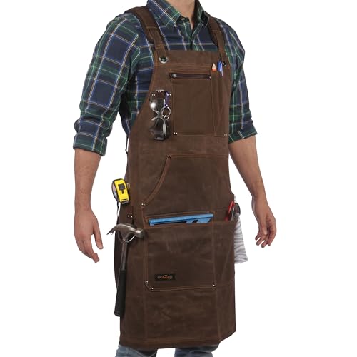 ecoZen 16oz Waxed Canvas Work Apron with Tape Holder - 27 x 34 inches Shop Apron with Elastic Back Strap and Front Pockets, Fully Adjustable, Tough Protection for Men - Brown