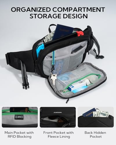 WATERFLY Black RFID Anti-Theft Fanny Pack Waist Bag 3L Travel Organizer
