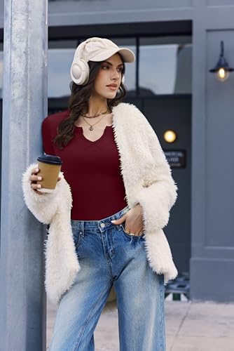 Women's Long Sleeve V Neck Slim Fit Casual Thermal Top - Burgundy Large