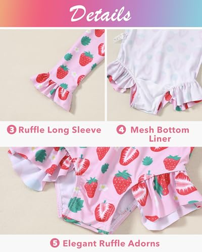 Toddler Girls One-Piece Swimsuit - Long Sleeve Ruffle Zipper Bathing Suit UPF 50+ - Pink Strawberry (3-4T)