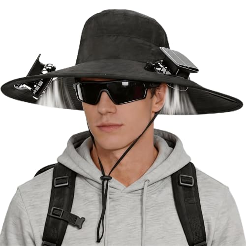 Solar Power Wide Brim Sun Hat with 2 Fans - USB & Solar Rechargeable Outdoor Hat for Men Women