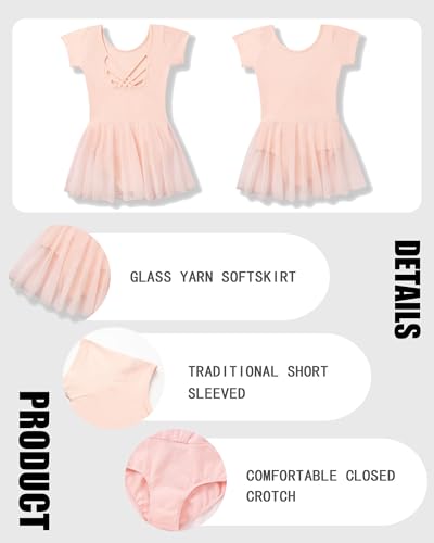 Ballet Leotard for Girls - Toddler Dance Dress, Short Sleeve, Criss-Cross Back - Ballet Pink / 4-5T