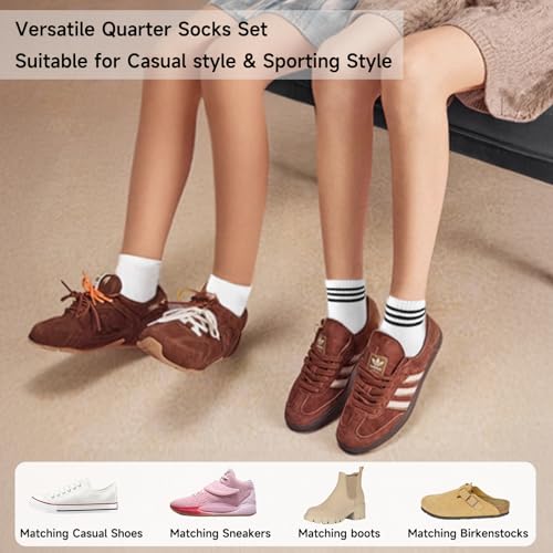 Ankle Quarter Socks for Women - 3 Pairs Solid White + 2 Pairs Striped