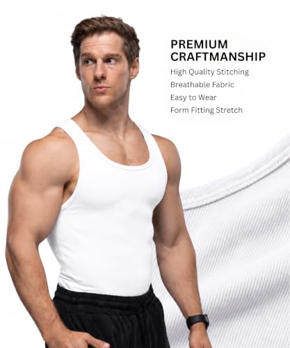 Ekkovision Men's Cotton Spandex Tank Top – Regular Fit, Ribbed White (Medium)
