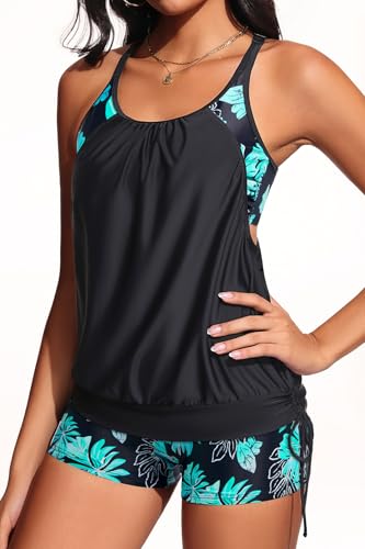 Holipick Women’s Tankini Swimsuit Two-Piece with Tummy Control X-Large Black/Blue Floral