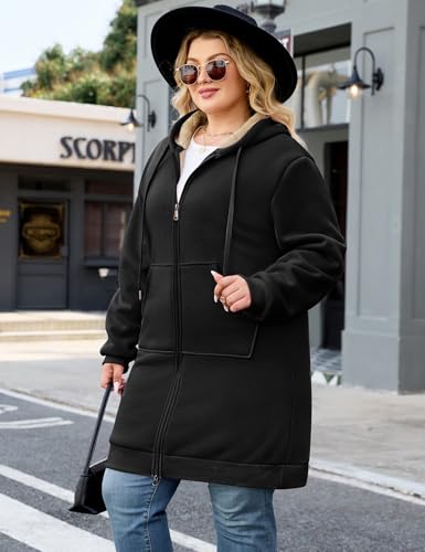 Women Plus Size Black Zip Up Hoodie Tunic Fleece Jacket XL by Wiepux