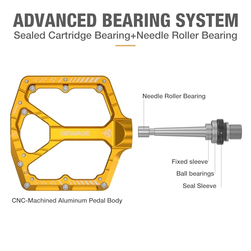 GEWAGE Gold Mountain Bike Pedals 9/16" Flat Aluminum Wide Platform Sealed Bearings
