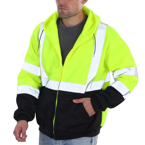 sesafety High Visibility Safety Sweatshirt for Men, Class 3 Reflective Zippered Hooded Sweatshirt, Hi-Vis Safety Hoodie with Black Bottom