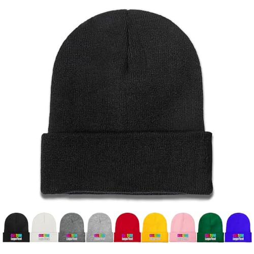 Custom Knit Beanie Hat - Personalized Cuffed Cap with Text - Pure Black