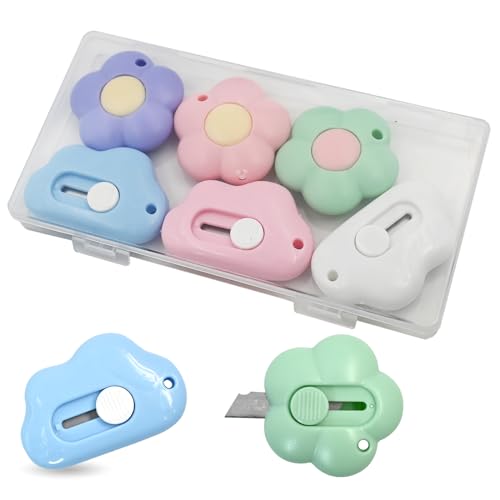 6 Pack Mini Box Cutter, Cute Letter Opener, Small Utility Knives, Box Cutter Retractable Paper Package Slice Safety, Aesthetic Office Supplies Stationary for Women Girls, Cloud and Flower Shape