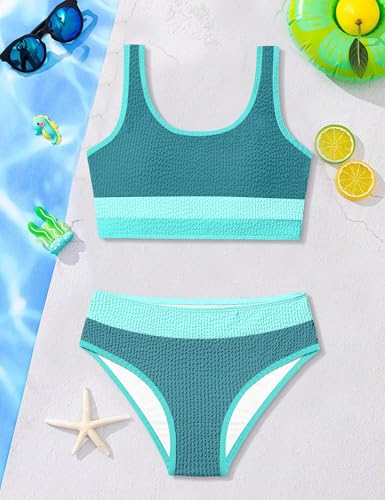 Girls Color Block Bikini Set - Mint Green, 15-16 Years