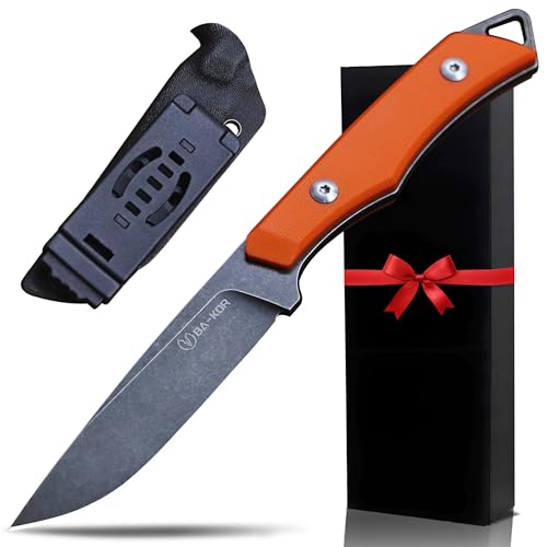 BA-KOR 9Cr18MoV Full Blade Fixed Knife C10 Stem (Orange) with G10 Handle, 8in, 4mm Thick, Stone-Washed Finish, Kydex Sheath for Camping & Survival