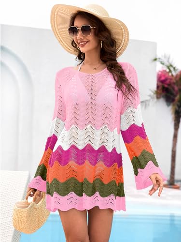 Crochet Swimsuit Cover Up - Long Sleeve Pink, Small