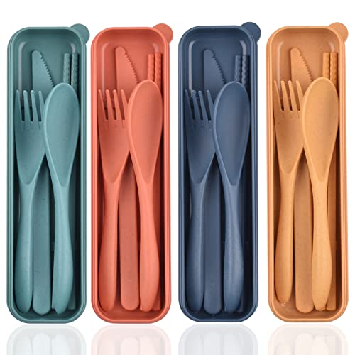 4-Piece Reusable Cutlery Set with Lunch Box - Orange, Blue, Green, Yellow