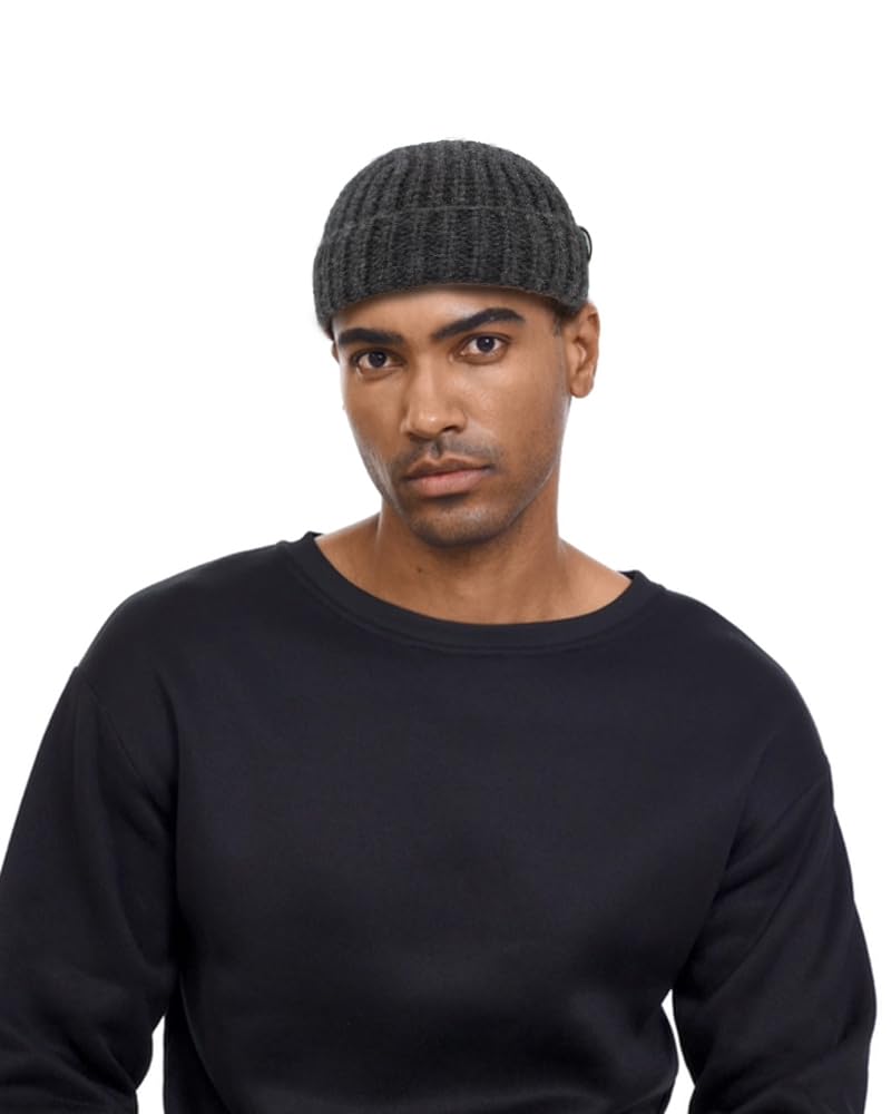 KNITDAY Chunky Wool Fisherman Short Beanie Hats Skull Cap for Men, Mens Thick Skater Streetwear Fishermans Beanie Warm Winter Knit Daily Hat (Dark Grey)