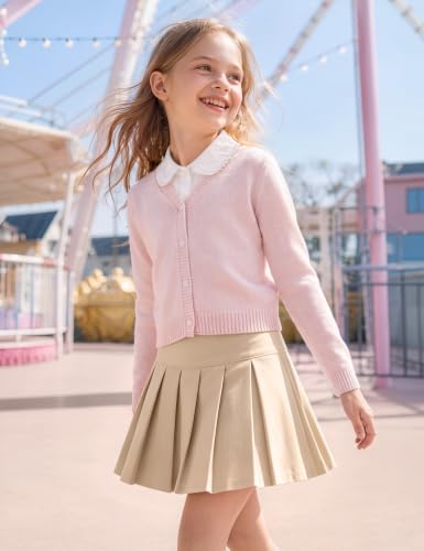 NUMYEAN Girls Uniform Skirt with Built-in Shorts & Pockets - Khaki, 6-7 Years