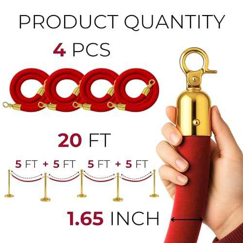 4PCS 42mm Thick Red Velvet Ropes for Crowd Control ? 5FT Premium Stanchion Rope with Hooks Velvet Ropes and Posts for Red Carpet Stanchions Events Weddings Parties
