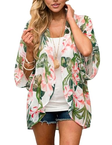 BB&KK Women's Chiffon Kimono Cover Up – Loose Open Front, White/Leaf, Size Large