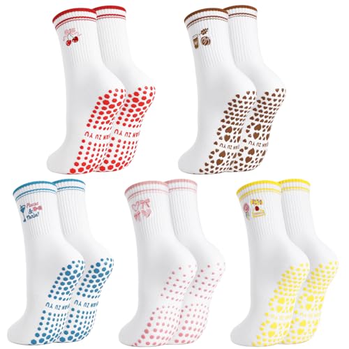 Pilates Socks with Grips for Women - 5 Pack, Cute Ruffled - Pink, Red, Yellow, Blue, Brown
