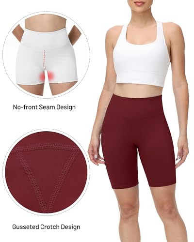 High Waisted Biker Shorts for Women - 8-Inch Inseam, Wine Red