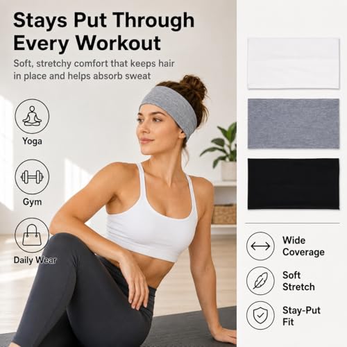 Extra Wide Headbands for Women - 3 Pack in Black, White & Gray