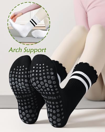 Non-Slip Pilates Socks for Women - Ruffle Crew, 4 Pairs Multicolor
