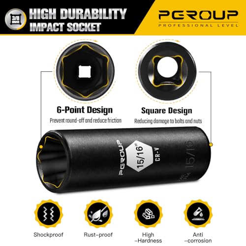 3/8¡± Drive Deep Impact Socket, SAE(15/16 Inch socket), 6-Point, Cr-V Steel With Black Manganese Phosphate Coating