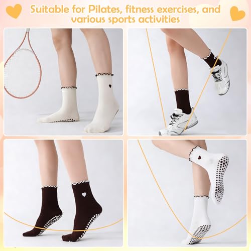 Cute Grippy Pilates Socks - Non-Slip Ruffle, 5 Pairs, Size 4.5-8.5 - White, Black, Beige, Khaki, Coffee Brown