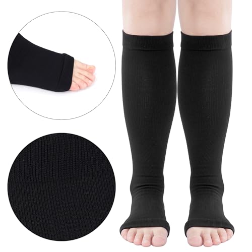 Compression Knee High Open Toe Support Socks - 3 Pairs, Large, Nude/Black