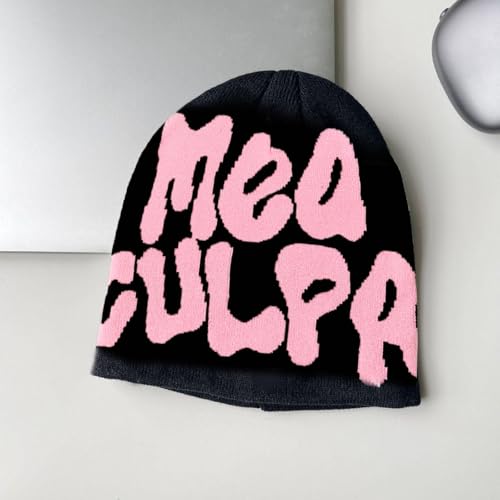 Y2K Beanie for Men & Women - Cross Graphic Knitted Hat - Black & Pink
