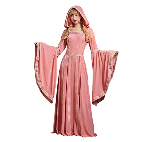 Women's Medieval Hooded Velvet Dress - Pink, Small