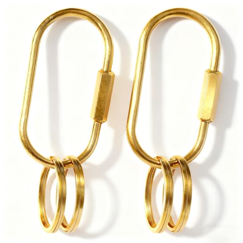 Brass Key Ring Set – Gold Carabiner Clips with 4 Rings, 2 Pack