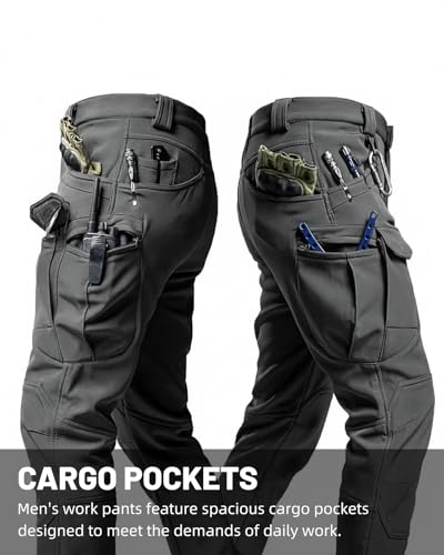 Boonlight Men's Dark Grey Lightweight Tactical Cargo Pants - Water Resistant Hiking Pants, Multiple Pockets, No Belt, Large
