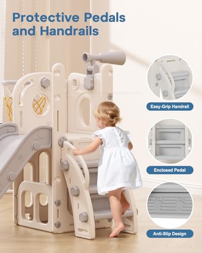 6-in-1 Toddler Slide Playset with Basketball Hoop & Telescope - White & Gray