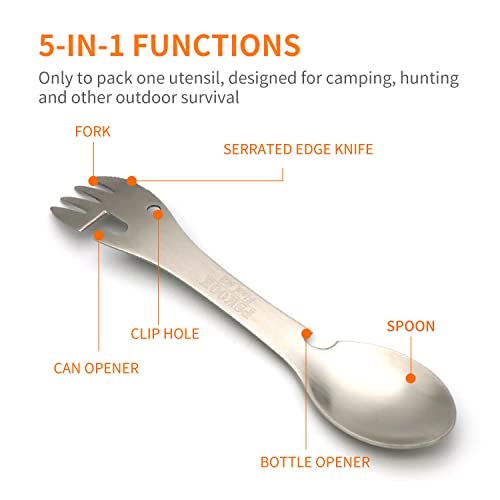 5-in-1 Tactical Spork Multi-Tool - Stainless Steel Camping Utensil with Clip - Matte Silver