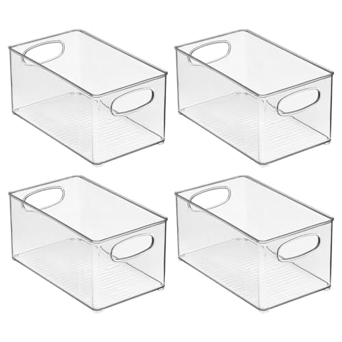 mDesign Plastic Home Closet Organizer - Basket Storage Holder Bin w/ Handles for Bedroom, Bathroom, Cabinet Shelves, Entryway, and Hallway - Holds Sweaters, Purses - Ligne Collection - 4 Pack - Clear