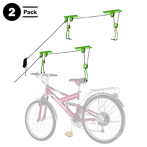 Rad Sportz 2-Pack Bike Hanger Set with Overhead Pulley System, Neon Green