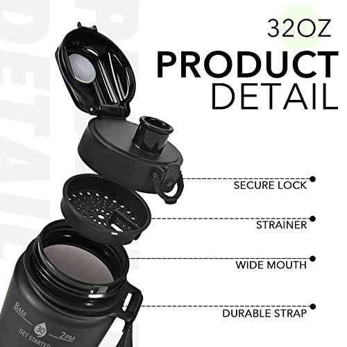Black 32oz Motivational Water Bottle with Time Marker & Strap - BPA-Free Leak-Proof