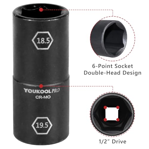 1/2-Inch Drive Double Ended Impact Socket, 18.5mm x 19.5mm, 6-Point,Half Size Lug Nut Thin Wall Wheel Protector Nut Socket, Made from Robust and Anti-Corrosive Steel