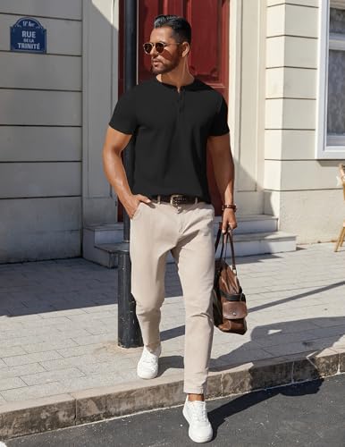 COOFANDY Men's Cotton Henley T-Shirt Short Sleeve Casual Work Top Black XL