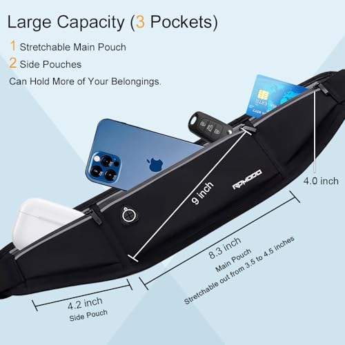 Slim Running Belt - Water Resistant Fanny Pack for iPhone 17/16/15 Pro Max - 3 Pockets, Adjustable & Reflective - Black