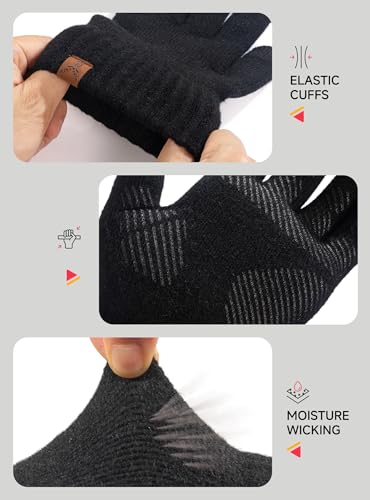 Merino Wool Winter Gloves - Touch Screen, Non-Slip, Medium Black