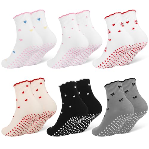 Soxitoevy Women's Pilates Grip Socks with Ruffles, 6-Pack, Red Pink Black Gray