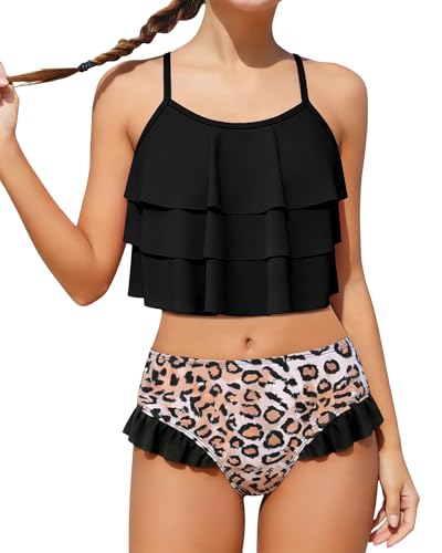 Girls 2 Piece Swimsuit Bikini Set - Tiered Ruffled Bathing Suit with Adjustable Straps, Black, 9-10 Years