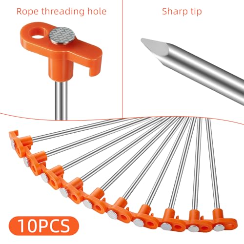 Heavy Duty 7-Inch Tent Stakes - Rust-Proof Metal with Orange Cap - 10 Pack